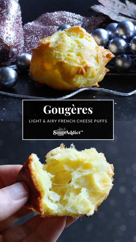 Bake your way into the heart of French pâtisserie with these delightful, tender, cheesy Gougères! Perfect as party appetizers or a charming addition to your brunch spread, these savory pate a choux pastries are simply irresistible. Get the recipe at SoupAddict.com. Savory Pastry Breakfast, Gouda Puff Pastry, Party Savory Snacks, Savoury Choux Pastry, Easy Savory Baking, Gougeres Recipe Ina Garten, South African Appetizers, French Hors D’oeuvres, Savory Pastry Recipes