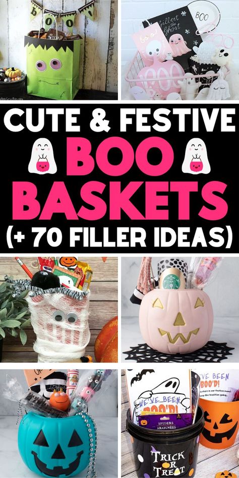 Spooky gift ideas and cute Halloween boo baskets for friends, neighbors, coworkers, a family with kids, a teacher, your girlfriend or boyfriend, or a raffle basket so you can say you’ve been booed! Gift Basket Filler Ideas, Boo Bag Ideas, Diy Halloween Basket, Boo Basket Ideas For Girlfriend, Boo Basket Ideas For Best Friend, Homemade Christmas Gift Baskets, Basket Filler Ideas, Halloween Treat Baskets, Favor Bags Diy