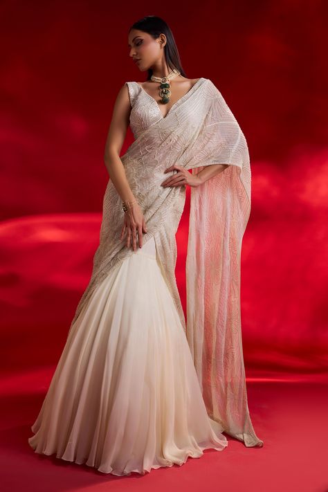 Shop for these amazing collections of Ivory Saree And Pallu Organza Embroidered Venus Pre-draped Lehenga With Blouse For Women by Charu and Vasundhara online at Aza Fashions. Pearl Embroidery Lehenga, Drape Saree Indo Western, Choli Style, Draped Lehenga, Ivory Saree, Drape Lehenga, Lehenga Sari, Lehenga With Blouse, Sequins Lehenga