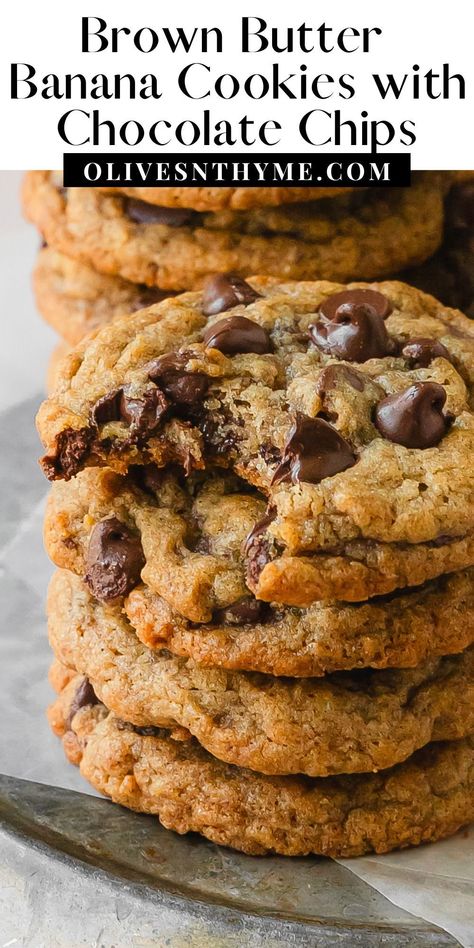 Chocolate Chip Banana Cookies Recipe, Banana Chocolate Chip Cookies Oatmeal, Healthy Banana Cookie Recipes, Chocolate Chip Banana Bread Cookies, Best Banana Cookies, 5 Banana Recipes, Brown Butter Banana Cookies, Healthy Banana Chocolate Chip Cookies, Banana Choc Chip Cookies