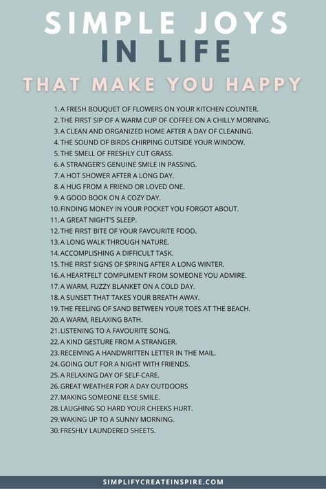 Simple joys in life and little joys to make you happy. These simple joys can brighten our day and lead to a more grateful outlook. Take a moment to slow down and highlight 100 simple joys that are waiting for us to notice. Simple Things Make Me Happy, Joys Of Life, Simple Happiness, Joy List Ideas, Little Joys In Life, Authentic Life, Joyful Life, Simple Joys, Small Joys