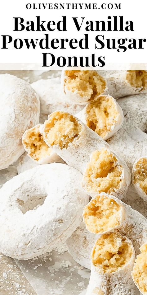 Powdered sugar donuts are soft, moist and fluffy, lightly spiced baked donuts coated in powdered sugar. These cake-style powdered donuts are quick and easy to make using two bowls, a whisk and a donut pan. If you can make muffins, you can make these cozy powder sugar donuts. Vanilla Doughnut Recipe, Powered Donuts Recipes, Pampered Chef Donut Mix Recipes, Homemade Apple Donuts Recipe, Overnight Yeast Doughnut Recipe, Cake Donuts Baked Old Fashioned, Simple Baked Donut Recipe, Baked Powdered Donut Recipes, Baked Donut Flavors