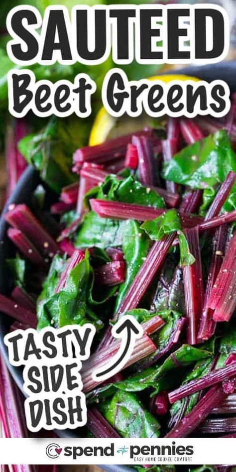 Looking for more ways to enjoy beet greens? Beet greens can generally be enjoyed in place of any greens in a recipe... here are a few favorites! Make a beet green pesto perfect for topping pasta or veggies! Make pasta with sausage and add beet greens for a recipe that the whole family will devour! Or make simple seasoned sauteed beet greens as a side dish.#beetgreens #sauteedbeetgreens #beetgreensrecipe #spendwithpennies Beet Leaves Recipe, Beet Green Pesto, Beet Stems, Beet Leaf Recipes, Beet Greens Recipe, Tasty Oven, Beet Green Recipes, Side Veggies, Sauteed Beet Greens