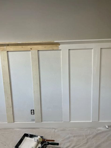 One Room Challenge and I am tackling the board and batten wall in the living room! I'm not a carpenter, so how's it going to turn out? What Wood To Use For Board And Batten, Diy Board And Batten With Shelf, White Wall Board And Batten, Board And Batten 1/2 Wall, 1x2 Board And Batten Wall, Board And Batten Transition To Baseboard, Board And Batten Wall Pattern, Board And Batten Wall With Picture Ledge, Board And Batten In Kitchen