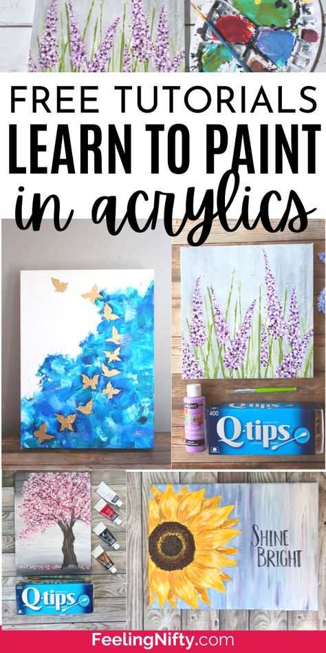 Learn to paint with acrylics for beginners. Free "how to" online step by step tutorials and learn to paint with acrylics videos. Learn to paint flowers like lavender, sunflowers, hydrangeas, abstract butterflies, etc. Learn to paint with acrylics videos. #learntopaint #acrylicpainting #acrylicpaint #easypaintingideas #acrylics #paintings #art #artlessons #stepbystep Inspiring Acrylic Painting Ideas, Painting With Acrylics Tutorials, How To Paint For Beginners Step By Step, Learn How To Paint Step By Step, Painting With Acrylics On Canvas, Acrylic Painting How To Step By Step, Acrylic Paint Tutorial Step By Step, Painting For Beginners Step By Step, Learn To Paint With Acrylics On Canvas