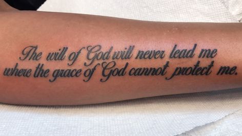 Passage Tattoos On Arm, Words To Tattoo, Arm Script Tattoos For Women, God Is Within Her She Will Not Fail Tattoo, Script Tattoo Arm, Writting Tattoo Ideas, Paragraph Tattoos For Women, Inside Bicep Tattoo Women, Words Down Leg Tattoo