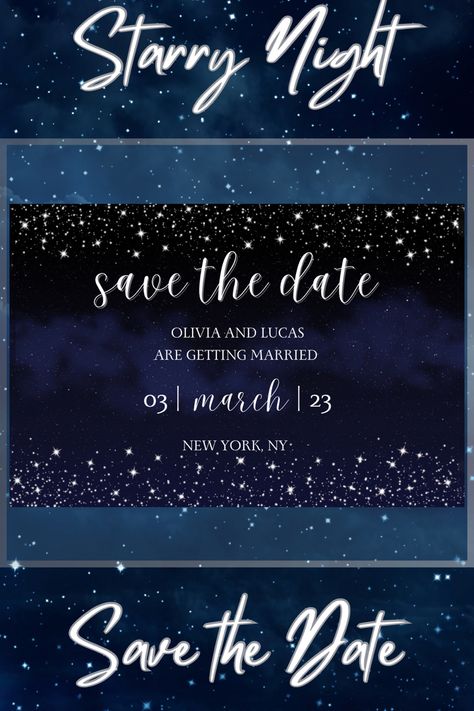 Save the date invitations for a cosmic, navy blue, galaxy themed wedding Galaxy Themed Wedding, Starry Night Wedding, Blue Galaxy, Date Invitation, Night Wedding, Wedding Save The Date, Save The Date Invitations, Printable Wedding Invitations, Printable Wedding