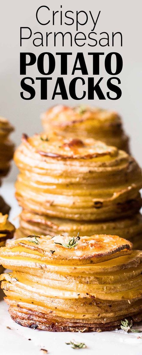 Crispy baked potato stacks with Parmesan and garlic! So easy to make in a muffin tin. Husband Recipes, Muffin Tin Potatoes, Parmesan Potato Stacks Recipe, Sweet Potato Stacks, Potato Ideas, Parmesan Potato Stacks, Potato Galette, Crispy Parmesan Potatoes, Gf Meals