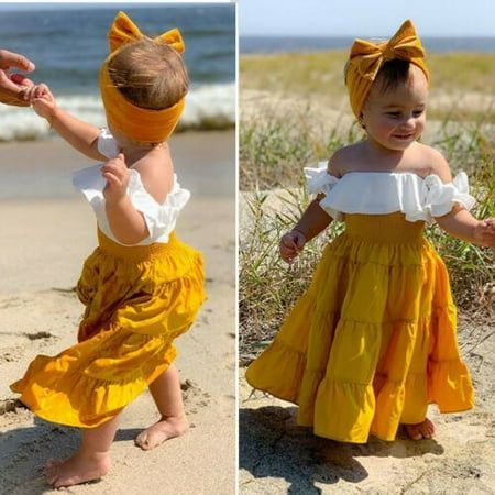 Long Flare Dress, Knitted Outfits, Ruffled Top Dress, Off Shoulder Ruffle Top, Floral Rompers, Baby Mode, Headband Outfit, Girl Sleeves, Tank Top Long