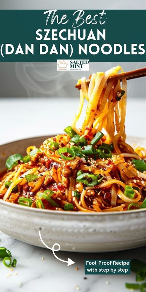 Enjoy a delicious and easy dinner with these Szechuan noodles. Ready in 30 minutes, these spicy Chinese noodles are a must-try for fans of dan dan noodles. Spicy Chicken Noodle Recipes, Pork Dan Dan Noodles, Easy Chinese Noodle Recipes, Vegan Dan Dan Noodles, Asian Noodle Side Dish, Chinese Spicy Noodles, Chicken Asian Noodles, Chinese Noodles Soup, Dragon Noodles Recipes