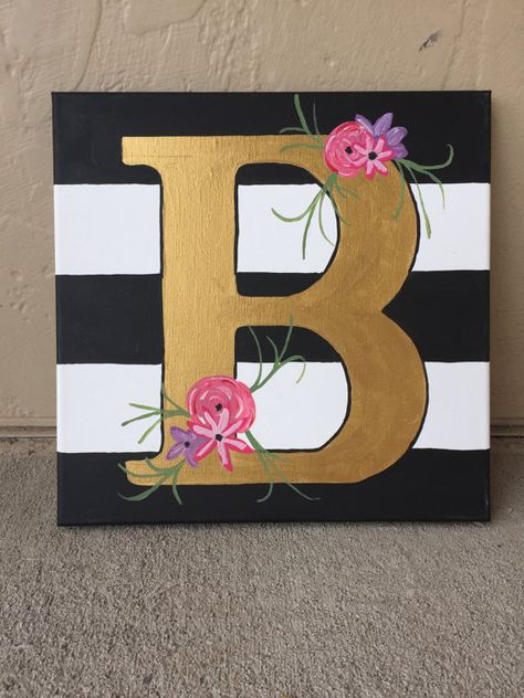 Hand Painted Initial Canvas by GlitteranGlue on Etsy Initial Art Canvas, Easy Name Paintings On Canvas, Name On Canvas Painted, Name Paintings On Canvas, Tiger Painting Abstract, Paintings Quotes, Initial Painting, Art Mini Toile, Initial Canvas