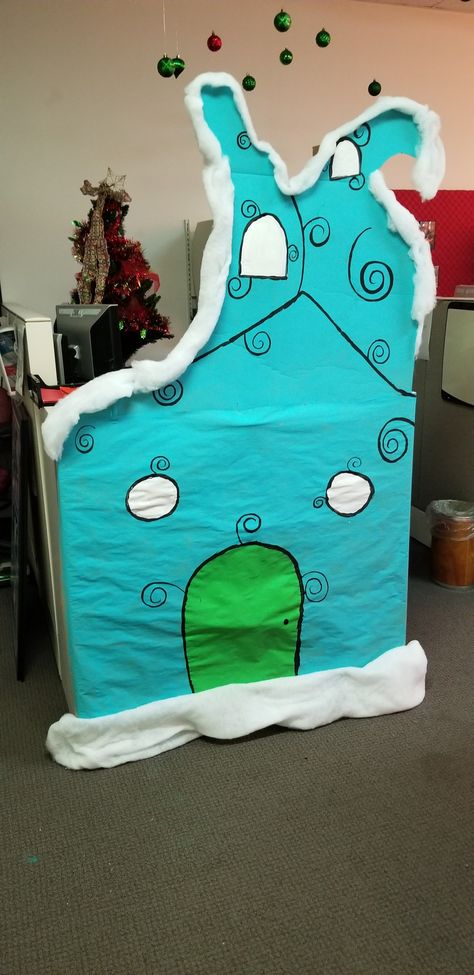 Cardboard Whoville House, Whoville Office Decorations, Whoville Decorations Diy, Whoville School Hallway, Whoville Office Decorating Ideas, Whoville Houses Diy, Whoville Theme, Diy Whoville, Whoville Houses