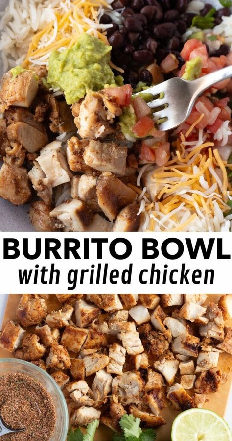 These grilled chicken burrito bowls are perfect for a hassle-free weeknight dinner. Marinated in a simple blend of spices, lime, and oil, the chicken comes out juicy and bursting with flavor. Simply marinate, grill, and assemble with rice, beans, and your favorite toppings. If you have leftover grilled chicken, this recipe is even easier. Either way, it's a satisfying meal that the whole family will love. While it's written for four people, this recipe can easily be adjusted to feed more. Chicken And Beans Recipe, Leftover Grilled Chicken, Chicken Burrito Bowls, Burrito Bowls Recipe, Healthy Bowls Recipes, Leftover Chicken Recipes, Chicken Rice Bowls, Chicken Burrito, Chicken Burrito Bowl