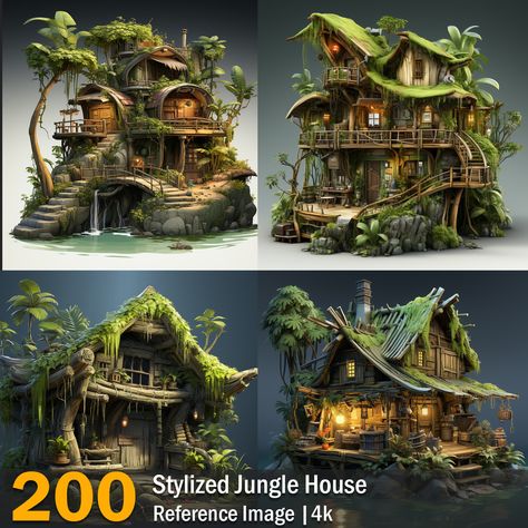 Jungle House Concept Art, Jungle City Concept Art, Jungle Village Fantasy Art, Jungle Environment Concept Art, Stylized House Concept Art, Cyberpunk Design, Jungle House, House Cartoon, Building Concept