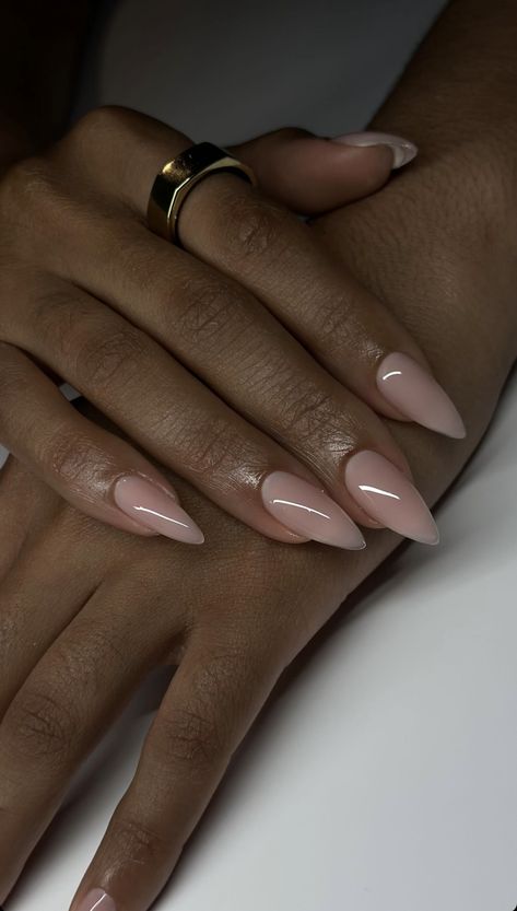 Milky Pink Stiletto Nails, Vacation Nail Ideas Simple, Plain Neutral Nails, Gelx Almond Nail Designs, Gel X Nude Nails, Simple Nails Stiletto, Almond Nails On Black Women, Stiletto Natural Nails, Nude Pointy Nails