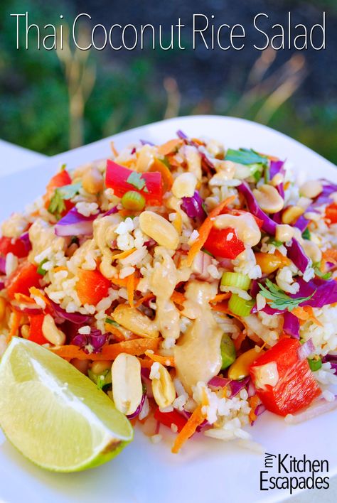 Thai Coconut Rice Salad is so amazing! All the best Thai flavors as either a main dish or a side. Plus it is gluten free and vegan. Thai Coconut Rice, Thai Flavors, Homemade Dressings, Rice Salad Recipes, Thai Chicken Salad, Thai Rice, Gluten Free Sides, Peanut Dressing, Dinner Side