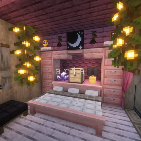 og build linked!! :) Purple Room Minecraft, Minecraft Pink Interior Design, Pink Minecraft Living Room, Cave Bedroom Minecraft, Cute Bedroom Ideas Minecraft, Minecraft Fairy Bedroom, Bunk Beds Minecraft, Better Minecraft Builds, Minecraft Cute Bedroom