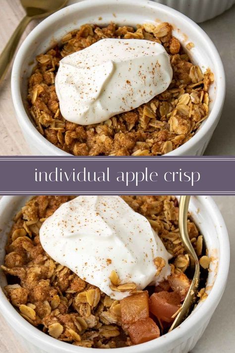 Whether you’re looking for a comforting snack or an individual dessert, this single serving apple crisp is a delicious treat that will satisfy a sweet tooth Apple Crisp One Serving, Easy Apple Crisp For One, Single Serving Apple Pie, Single Serve Apple Crisp Healthy, Apple Crisp Bowl, Apple Baked Oatmeal Single Serving, Healthy Apple Desserts For One, Apple Ramekin Dessert, Single Serving Apple Crisp Microwave