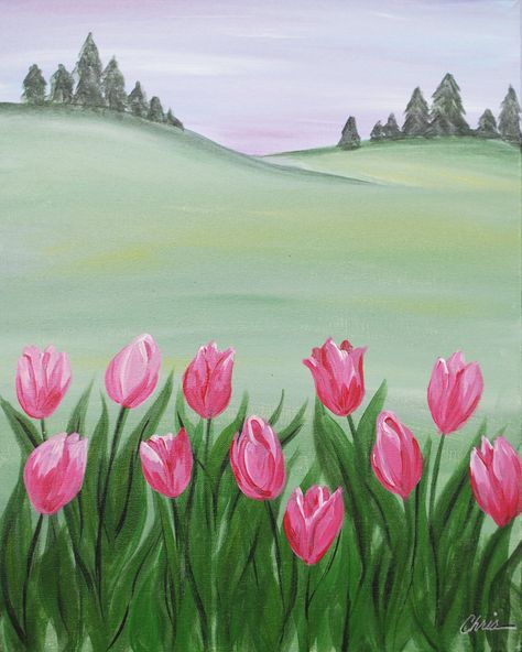 Tulip Drawing, Tulips Art, Canvas Art Projects, Simple Canvas Paintings, Easy Canvas, Cute Canvas Paintings, Easy Canvas Art, Tulip Fields, Canvas Painting Designs