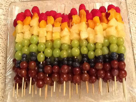 Some of you may remember the gnarly (and slightly evil-looking) Mr. Fruit Head my mom made last year for our Family Reunion. This year she decided to make Rainbow Fruit Kabobs. How beautiful are th... سلطة البنجر, Rainbow Fruit Kabobs, Rainbow Foods, Uno Birthday, Healthy Party Food, Babyshower Party, Resep Salad, Fruit Skewers, Fruit Kabobs