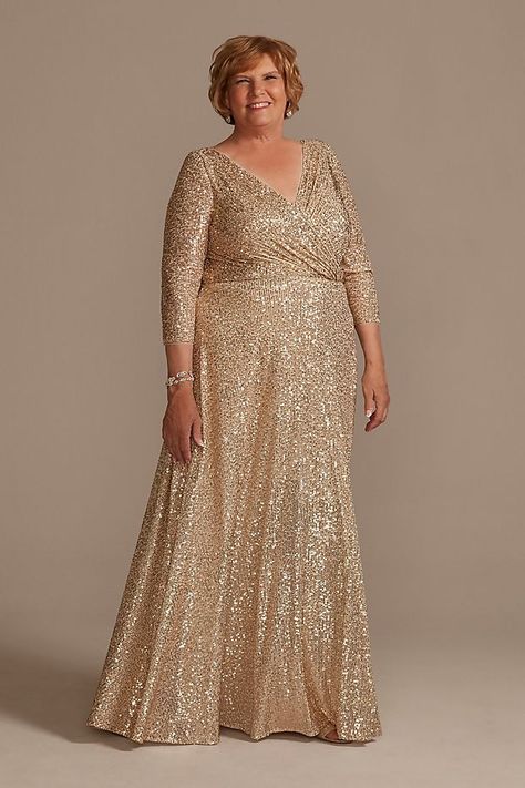 Allover Sequin A-Line Plus Size Gown | David's Bridal Grandma Wedding Dress, Petite Gowns, Gold Sequin Gown, Silver Cocktail Dress, Mother Of The Bride Dresses Long, Plus Size Gowns, Mother Of Groom Dresses, Oleg Cassini, Sequin Gown