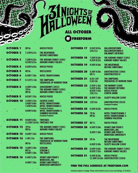 October Movies, Halloween Movies To Watch, 31 Nights Of Halloween, Halloween Movies List, Ghostbusters Ii, Addams Family Values, Movie Schedule, Halloween Movie Night, Halloween Film