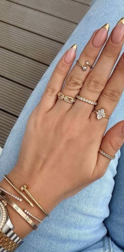 Almond Nails French, Fall Nail Trends, Almond Nails Designs, Daisy Ring, Ring Stack, Gold Ring Stack, Hot Nails, Stacked Jewelry, Gold Band Ring