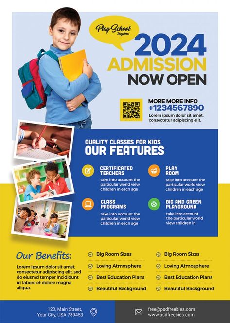 Download Free School Admission Open AD Flyer PSD. This School Admission Open AD Flyer PSD is perfect for a promote school admission year announcement or advertising facilities, activities, classes or learning programs at a junior senior school. You can insert your own school Logo, images, and text using Adobe Photoshop. This Freebie download contains PSD file, which Download Free School Admission Open AD Flyer PSD. Struktur Teks, School Advertising, School Brochure, Admissions Poster, Education Banner, Education Poster Design, Flyers Design, Advertisement Template, Pamphlet Design