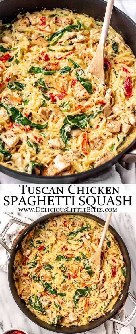 This recipe using spaghetti squash is a delicious low carb, gluten free alternative to traditional pasta dishes. Tuscan Chicken and Spaghetti Squash is creamy, flavorful, and easy to prepare. Everyone loves a cheesy, rich main course. | #recipe #tuscanchicken #spaghettisquash #lowcarb #keto #glutenfree Chicken And Spaghetti Squash, Chicken And Spaghetti, Spaghetti Squash Recipes Easy, Breakfast Low Carb, Chicken Spaghetti Squash, Gaps Diet, Spaghetti Squash Recipes, Lost 100 Pounds, Tuscan Chicken