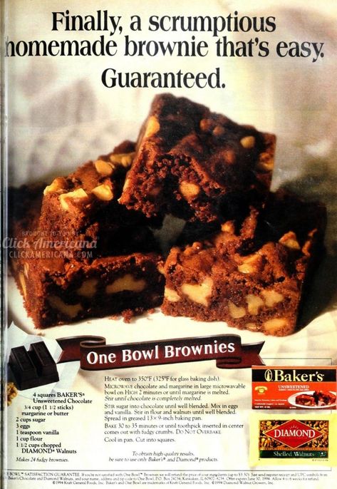 Vintage recipe one bowl brownies recipe from 1994 #clickamericana #vintagedessertrecipes Bakers One Bowl Brownies, Bakers One Bowl Brownies Recipe, One Bowl Brownies Bakers Chocolate, Bakers Chocolate Brownies, Betty Crocker Brownies, Betty Crocker Brownie Mix, One Bowl Brownies, Chocolate Bar Recipe, Desserts Cupcakes