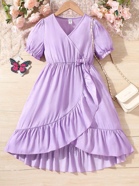 Purple Cute, Flounce Hem Dress, Neck Bow, Party Outfits, Hem Dress, Purple Dress, Girls Clothing, Dress P, Kids Dress