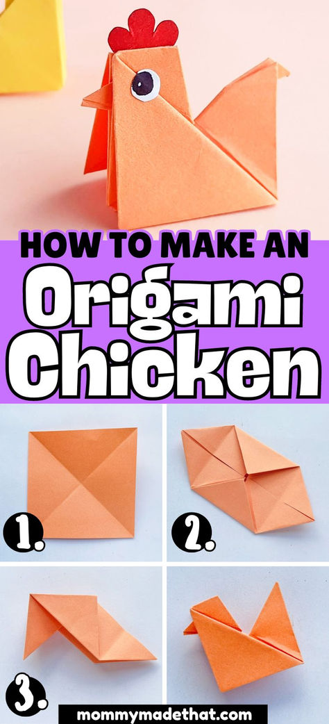 What to learn how to make an origami chicken? This easy origami tutorial shows you step by step how to make this super cute origami animal! This DIY chicken craft is tons of fun for kids and adults! How To Make A Paper Animal, Paper Animals Craft, Crafts To Do At School, Easy Paper Crafts Animals, How To Origami Step By Step, How To Make Crafts With Paper, Easy Origami Step By Step Simple, Origami Easy Printable Templates, Making Things Out Of Paper