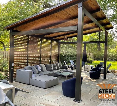 CUSTOM 14'X15'X4 POST, STRAIGHT JOIST, PITCHED ROOF, CURTAIN ROD, FAN MOUNT, CEDAR SHADE BAR BACK SCREENING, 2'X6" TOUNGE AND GROOVE ROOF DECKING Sun Shade Pergola, Cantaleavered Pergola, Modern Outdoor Pergola, Gazebo With Pergola Attached, Covered Patio Privacy Ideas, Patio With Roof Ideas, Covered Pergola Ideas Backyard, Pergola With Wall, Outside Pergola Ideas Patio