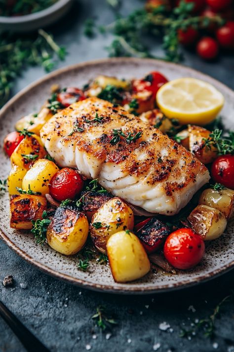 Grilled fish fillet served with roasted cherry tomatoes and potatoes, garnished with fresh herbs. Meals With Cod Fish, Cod Fish Recipes With Cherry Tomatoes, White Fish Meals, Cod And Spinach Recipes, Fish Cooking Recipes, White Cod Fish Recipes, Seafood Sides Dishes, Cod Meal Prep, Salmon Meals Dinners