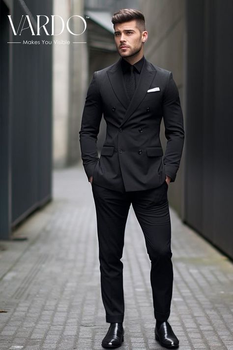 Black And Black Suit Men, Best Black Suits For Men, All Black Suits Men, Mens Black Double Breasted Suit, Mens Modern Suits, Modern Tuxedo Men Weddings, Business Consultant Outfits, Men Black Suit Wedding, Full Black 3 Piece Suit Men