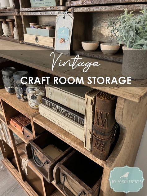 Hobby Room Storage, Craft Room Work Stations, Workshop Craft Room, Art Supply Storage Ideas Diy, Rustic Craft Room Farmhouse Style, Antique Storage Ideas, Crafting Desk Organization, Vintage Art Studio Ideas, Farmhouse Sewing Room Ideas