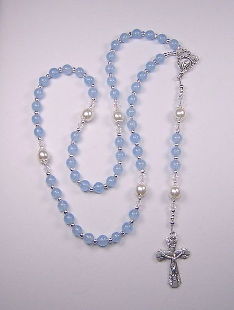 Girls Blue Jade 16 1/4 Rosary Catholic Genuine Sky Blue Jade & White Czech Pearl Beads Chica Católico Rosario Free Shipping USA - Etsy Canada Rosary Ideas, Blue Rosary, Beautiful Rosary, Rosary Jewelry, Beads Rosary, Pearl Rosary, Blue Jade, Catholic Rosary, Rosary Catholic