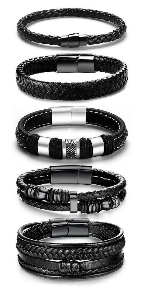 Black Leather Bracelets for Men Women 5pcs Mens Bracelet Leather and Steel Magnetic Braided Cuff Bracelets Cool Bracelets For Guys Men's Jewelry, Black Ring For Men Style, Mens Bracelet Leather, Black Mens Jewelry, Black Mens Bracelet, Leather Men Bracelet, Hand Accessories Men, Assesories For Men, Products For Men