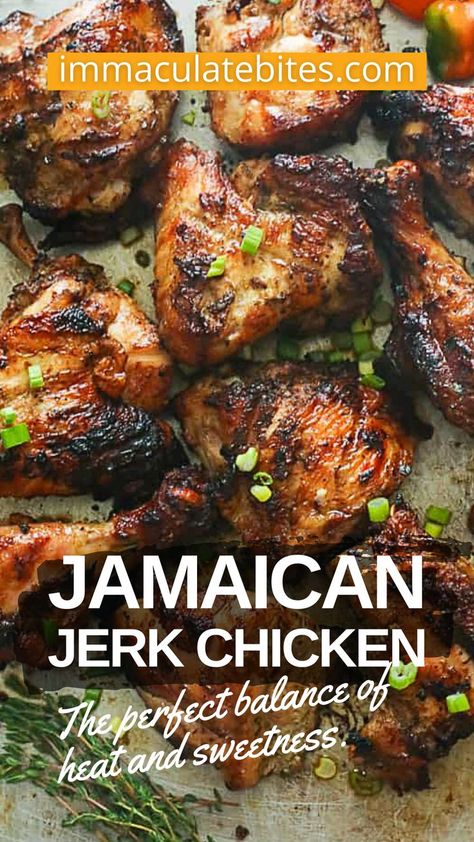 Amazingly tender, moist, and juicy caribbean, Jamaican chicken bursting with savory flavors on every bite.  No complicated cooking method for this jerk chicken dish - you’ll want to make this all year round! For more easy to make chicken recipes plus meal planning ideas, hop on to immaculatebites blog! 😉 Jamaican Dinner, Authentic Jamaican Jerk Chicken, Easy Jerk Chicken Recipe, Jamaican Jerk Chicken Recipe, Baked Jerk Chicken, Jerk Chicken Marinade, Jerk Recipe, Jamaican Chicken, Jerk Chicken Recipe