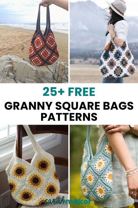 Looking for the best granny square bag patterns? This collection of free crochet patterns will inspire you to transform those stacks of grannies into practical and stylish bags you’ll love to use. Free Granny Square Purse Pattern, 12 Granny Square Bag, Crochet Granny Square Purses, Crochet Square Project Ideas, Diy Crochet Granny Square Bag, Granny Square Grocery Bag, Crochet Granny Bags Square Patterns, Crochet Bag Using Granny Square, Daisy Granny Square Bag Pattern Free