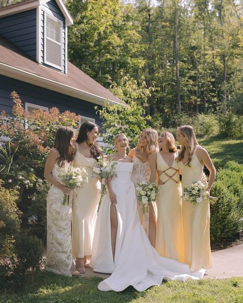 Bridesmaid Outdoor Wedding, Green Yellow Pink Bridesmaids, Neutral Bridesmaid Dresses Colorful Flowers, Shades Of Yellow Bridesmaid Dresses, Bridesmaid Dress Yellow, Summer Bridal Party Colors, Yellow And Blue Bridesmaid Dresses, Yellow Silk Bridesmaid Dresses, Butter Yellow Bridesmaid Dresses