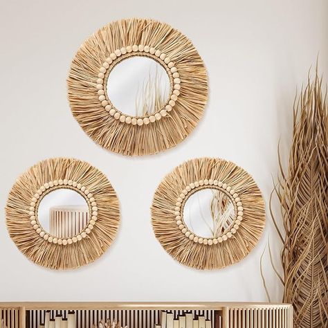 Amazon.com: 3 Pcs Boho Raffia Mirror Wall Hanging Decor 15.8 Inch 11.8 Inch Rustic Round Boho Circle Mirrors with Wood Bead Farmhouse Aesthetic Nursery Mirrors for Bedroom Living Room Bathroom Wall Decor : Home & Kitchen Nursery Mirrors, Mirrors For Bedroom, Aesthetic Nursery, Circle Mirrors, Nursery Mirror, Raffia Mirror, Farmhouse Wall Mirrors, Mirror Wall Hanging, Boho Mirror