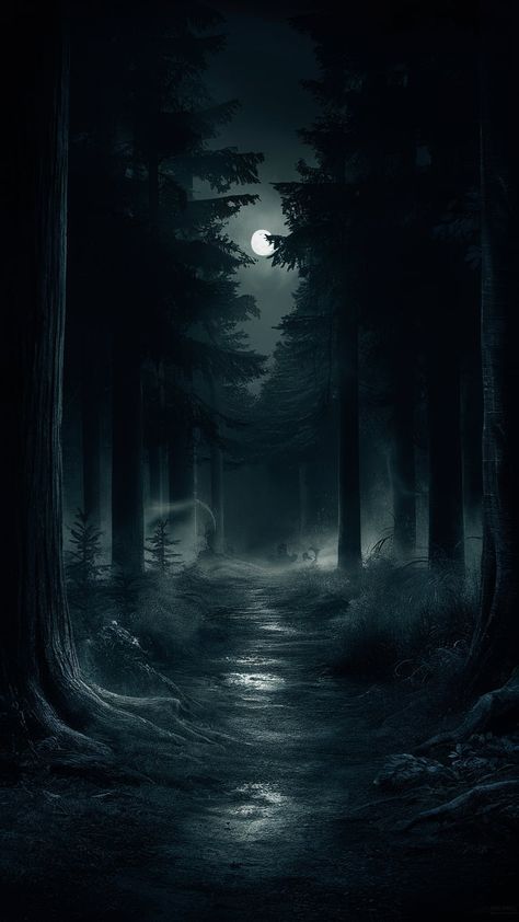 Explore a surreal, dark forest at night, where shadowy trees and ethereal mist create an enigmatic, deep ambiance. Perfect for wallpaper enthusiasts and nature lovers. Dark Trees Wallpaper, Dark Rainy Forest Wallpaper, Low Fantasy Aesthetic, Gloomy Forest Aesthetic, Spooky Forest Wallpaper, Dark Forest Aesthetic Wallpaper, Dark Forest Aesthetic Night, Night Forest Wallpaper, Winter Forest Night