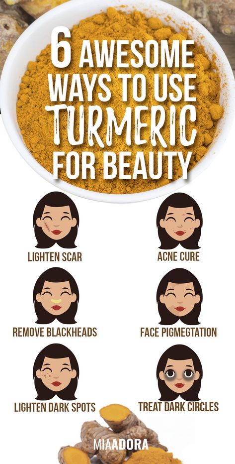 Stay tuned for more amazing beauty tips like these 6 ones 😉 How to use all the benefits of turmeric for a natural and flawless skin. From face masks anti acne to teeth whitening. One of the most useful home remedies ever. We're sure you have turmeric at home, don't you? #turmeric #skincare #beautytips Face Pigmentation, Black Spots On Face, Brown Age Spots, Turmeric Mask, Lighten Scars, Turmeric Face Mask, Tumeric Face Mask, Brown Spots On Face, Remove Blackheads