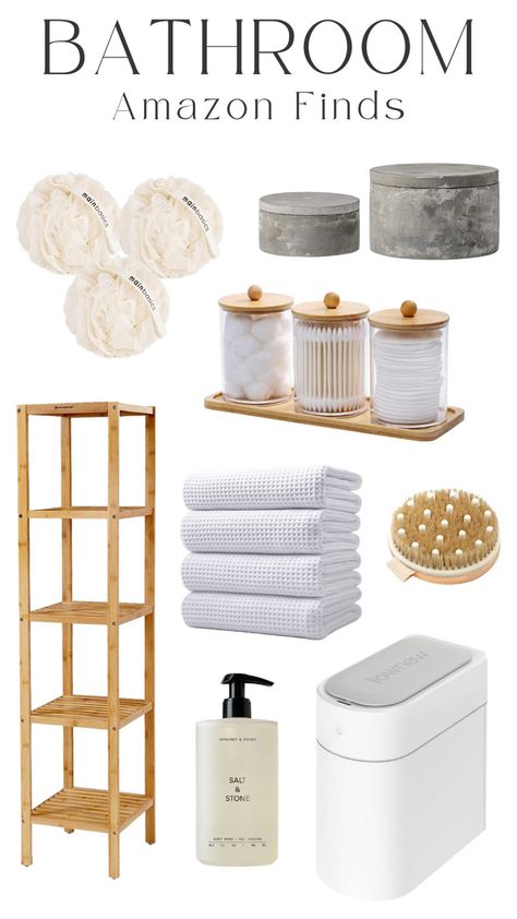 amazon bathroom finds, 5 tier bamboo shelf, bathroom aesthetic, microfiber oversize quick dry lint free bath towels, 2 grey round decorative cement boxes and lids, salt & stone body wash, seaweed infused bath shower loofah, brushing body brush, cotton swab holder, bathroom containers, automatic infrared motion sensor trash can with lid #affiliate #bathroomideas #amazon Loofah Storage Ideas, Cute Shower Aesthetic, Bamboo Bathroom Shelf, Bathroom Bamboo Decor, Bathroom Accessories Inspiration, Bathroom Amazon Finds, Amazon Bathroom Finds, Amazon Bathroom Decor, Stone Bathroom Accessories