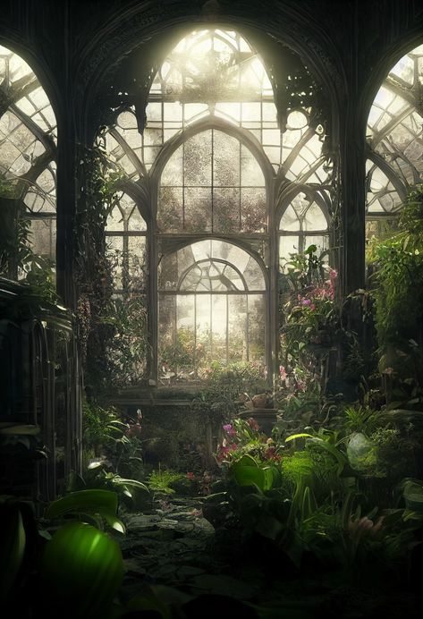 Garden Fantasy Aesthetic, Fantasy Greenhouse Art, Green House Concept Art, Fantasy Garden Background, Overgrown Manor, Jasminecore Aesthetic, Secret Garden Aesthetic Dark, Fantasy Royalty, Cottagecore Posters