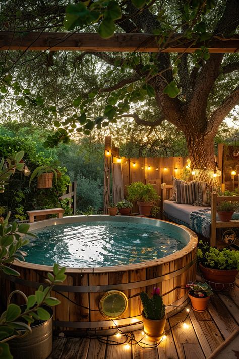 Charming backyard oasis with a DIY stock tank pool surrounded by lush plants and fairy lights. Ideal for a cozy, relaxing outdoor pool area. Small Metal Pool, Spa Like Backyard, Cold Plunge Stock Tank, Stock Tank Jacuzzi, Hot Tub Landscaping Ideas Backyard, Hot Tub In The Woods, Kitty Pool Ideas, Stock Tank Pool And Hot Tub, Cheap Hot Tub Ideas Backyard