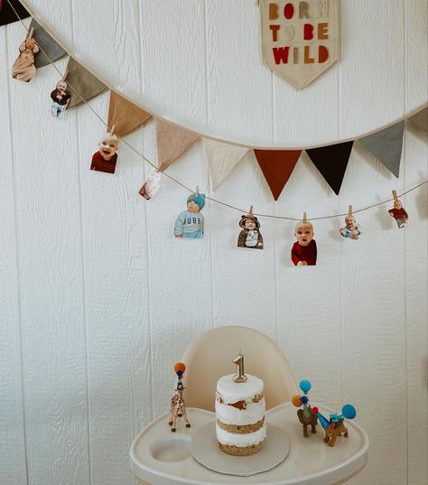 Neutral colors, naked cake, bunting banner, photos of first year. Generic First Birthday Party, Cozy First Birthday, 1st Birthday Inspiration, 1st Birthday Dinner Ideas, Low Key First Birthday, Traditional 1st Birthday Party, First Birthday No Theme, 1 Yo Birthday Party Ideas, The Wonderful Things You Will Be