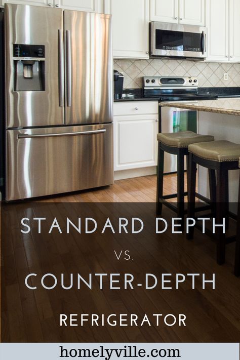 Can’t decide between a counter-depth or standard refrigerator? Let’s take a look at what the pros and cons of both of these models are.  #standarddepthrefrigerator #counterdepthrefrigerator Non Counter Depth Refrigerator, Countertop Depth Refrigerator, Standard Depth Fridge In Kitchen, Refrigerator Next To Stovetop, Counter Depth Fridge Vs Standard, Counter Depth Fridge Organization, Cabinet Beside Refrigerator, Standard Depth Refrigerator In Kitchen, Kitchen Design Refrigerator