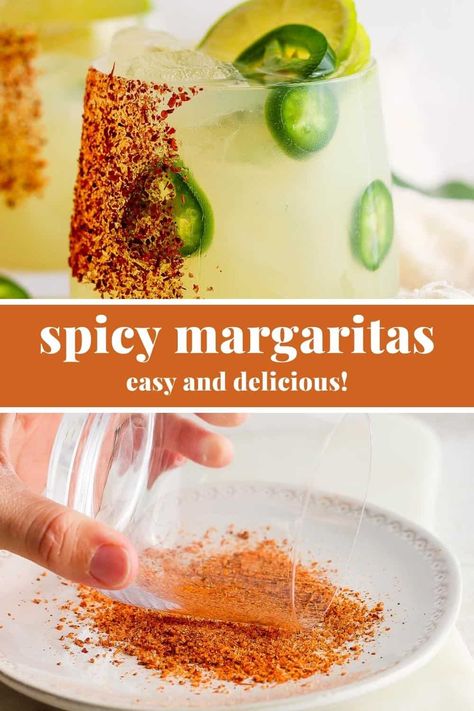 This spicy margarita recipe is made with tequila, triple sec, jalapeño, and freshly squeezed lime juice. It makes a crisp and refreshing drink every single time, with a hint of spice! Habanero Margarita Recipe, Pitcher Spicy Margarita Recipe, Mexican Martini Recipe, Fresh Margarita Recipe, Fresh Margarita, Spicy Margarita Recipe, Spicy Salt, Easy Margarita Recipe, Traditional Margarita